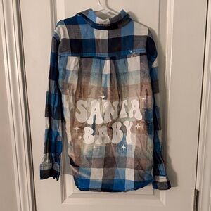 Bleached and upcycled Blue and White Plaid Santa Kids Shirt